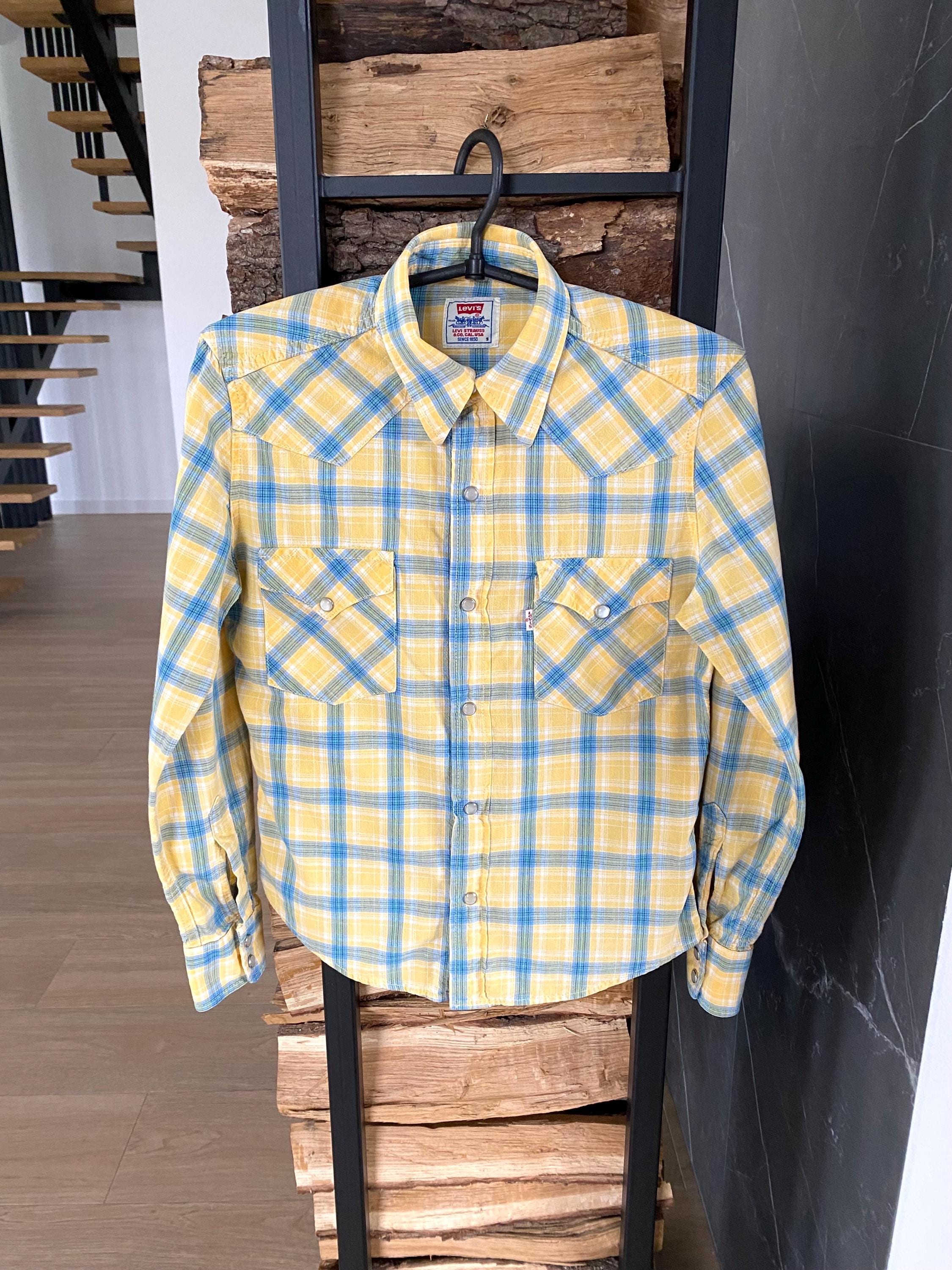 Vintage Levi's Youth Plaid Shirt Yellow Blue Cotton Snap Button
