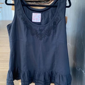 Boho Embroidered Black Cotton Blouse: Ruffle Hem Sleeveless Top