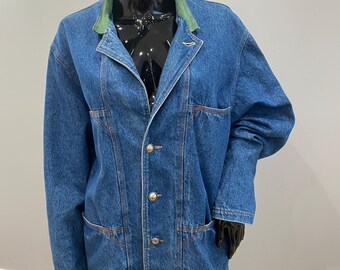 Vintage 90s Long Denim Jacket – Oversized, Stand Collar With