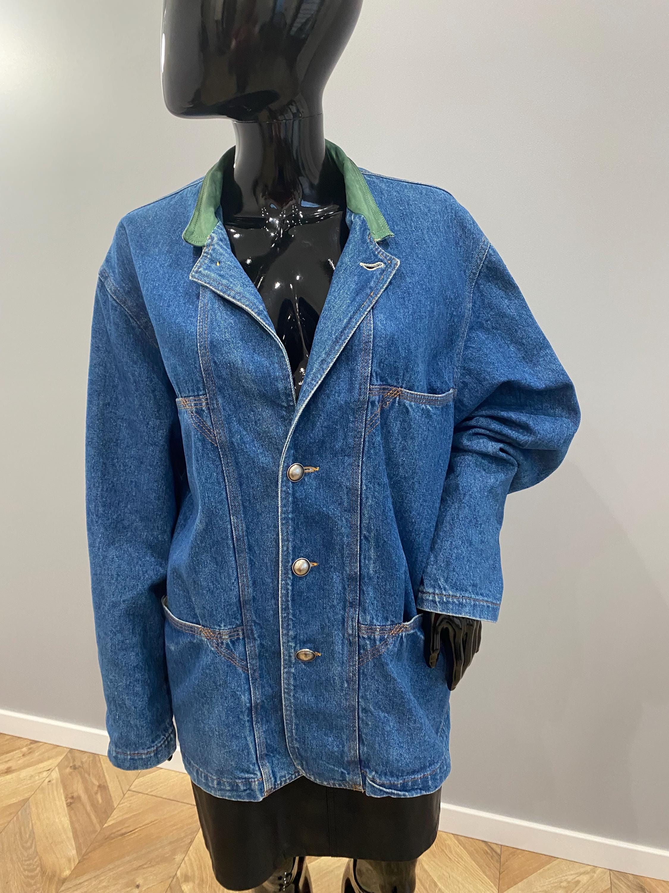 Vintage 90s Long Denim Jacket – Oversized, Stand Collar With