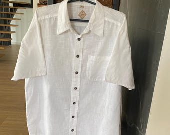 Le Ethnic Blanc White Textured Shirt Mens XL Short Sleeve Cotton Shirt Casual Button Up Summer Shirt Made in India