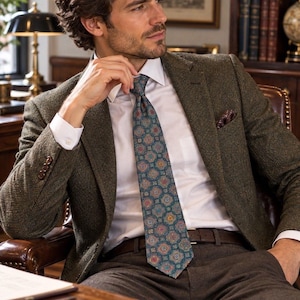 May include: A textured olive green tweed blazer worn over a crisp white button-down shirt, paired with a dark brown belt and trousers. A teal necktie features a repeating geometric pattern in shades of red, orange, and blue.