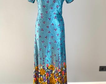Rare Vintage Vera Mont Paris Maxi Dress Turquoise Floral Fully