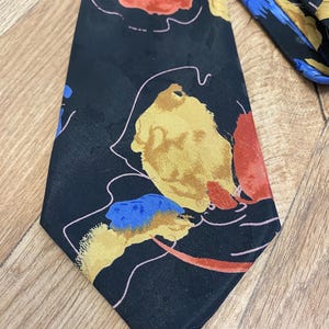 Vintage 70s 80s Abstract Floral Tie Watercolor Print Necktie Retro Mens Fashion Black Red Blue Yellow Wide Tie