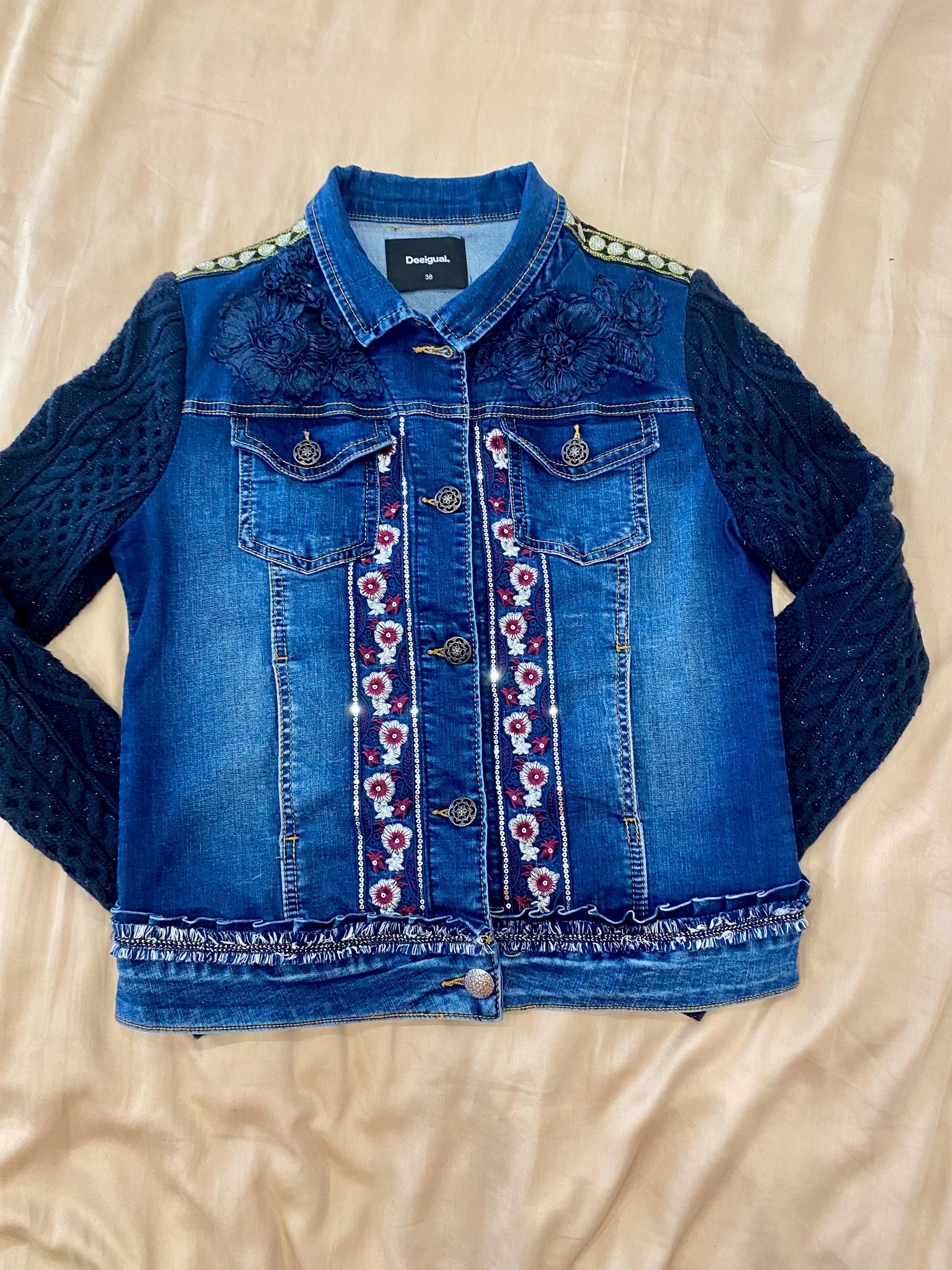 デシグアル 刺繍デニムジャケット：ボヘミアンニットスリーブジーンズ 