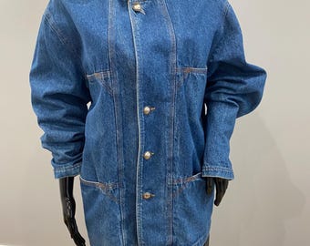 Vintage 90s Long Denim Jacket – Oversized, Stand Collar With