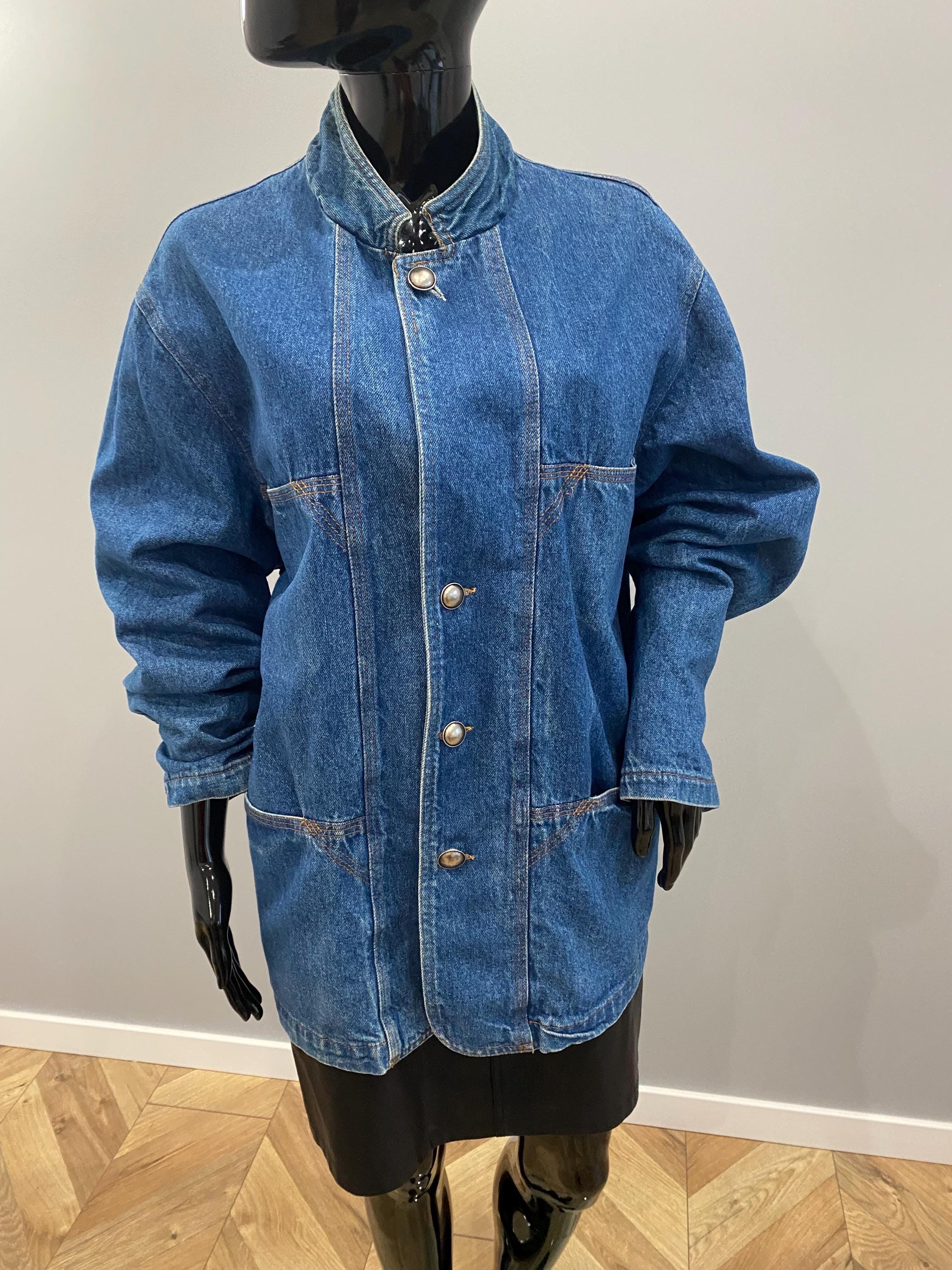 Vintage 90s Long Denim Jacket – Oversized, Stand Collar With