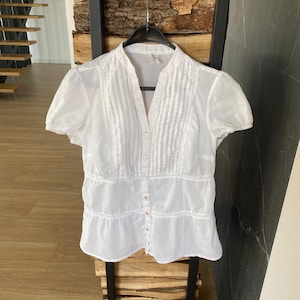 Vintage Prairie Style Blouse White Cotton Corset Style V Neck Pleated Top Short Sleeve India Women Size M US10-12 EU42