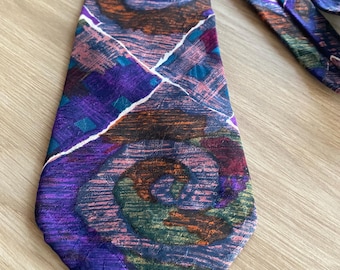 Cravatta vintage Casablanca in seta con motivo geometrico astratto, viola, blu, bordeaux e oro, anni '80, da uomo, Germania.
