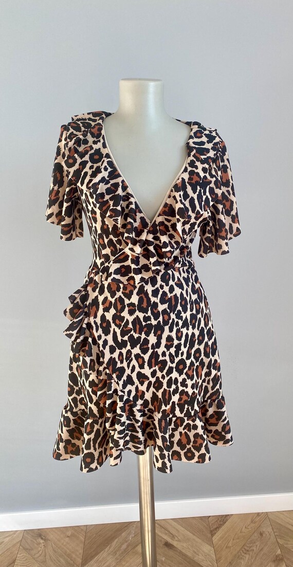 Leopard Print Mini Wrap Dress: Ruffle Detail, V-Neck - US 8