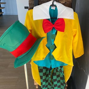 Puede incluir: Un disfraz del Sombrerero Loco, que incluye una chaqueta amarilla con cuello blanco y pajarita roja. El conjunto incluye pantalones a cuadros verdes y negros, una camisa turquesa y un sombrero de copa verde con una cinta roja. Ideal para fiestas temáticas.