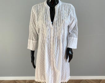 Beaded White Boho Beach Tunic by Love Positano, XL – Luxury Embroidered Cotton Kaftan, Made in India, Artisan Summer Cover Up