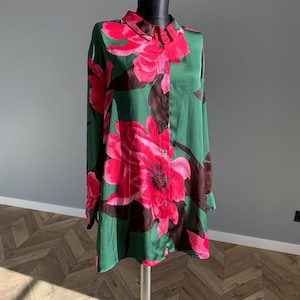 Blouse Vintage 80’s Floral Print Women’s Thirt size 2XL/16 Long sleeve Tunic Classic blouse  gift green plus size blouse