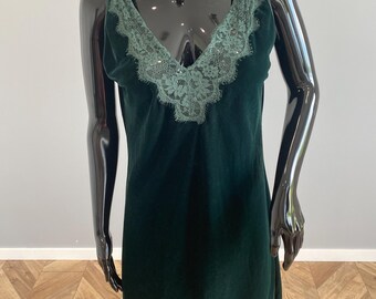 Vintage Zara Green Velour Slip Dress Lace Trim Velvet Cami Dress Lingerie Style Evening Party Dress EU / US L