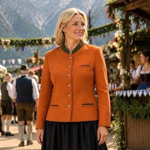 May include: An orange long-sleeved jacket with a high olive green collar, a front button closure with metallic buttons, and two horizontal welt pockets on the front, worn over a black skirt in an outdoor setting with mountains in the distance.