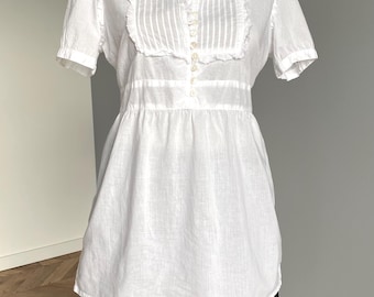 White Cotton Prairie Blouse: Pintuck Front, Waist Tie - Made in India