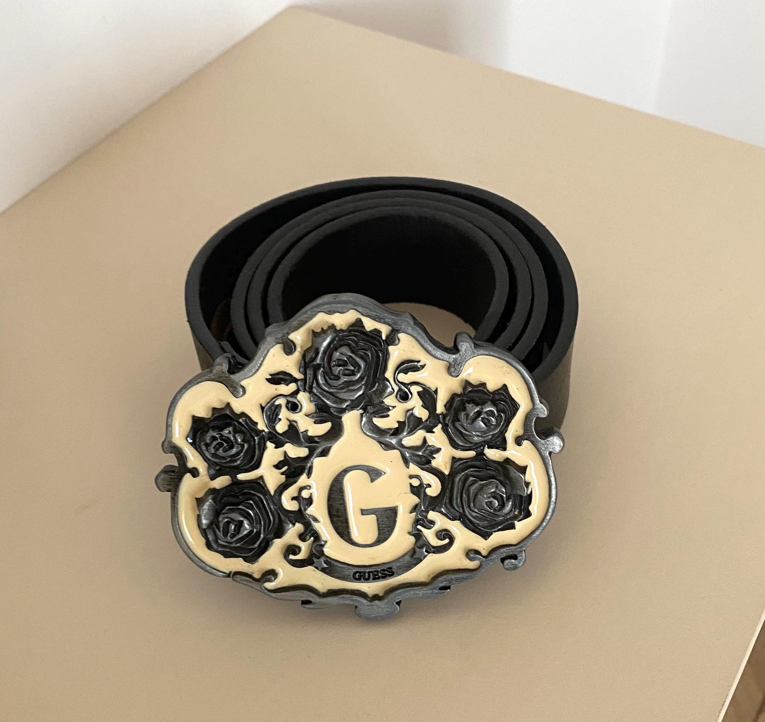 Guess Black Genuine Leather Belt With Ornate Rose Buckle – Size M