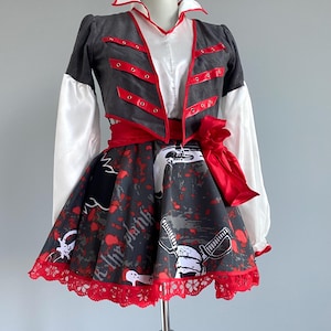 Adult Pirate Costume Dress – Pirate Costume Dress with Jacket Top & Skull Print Skirt, Red Lace Trim ,Below Knee – Size S/M –Festive Costume