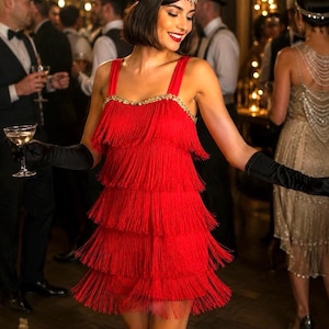 May include: A vibrant red sleeveless dress featuring multiple tiers of long fringe, a square neckline with gold sequin trim, and a matching gold sequin headband with a single upright feather. The dress is paired with long black opera-length gloves.