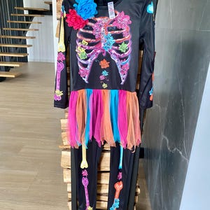 Colorful Skeleton Costume for Kids – 7–8 Years (122–128 cm) – Halloween Tutu Dress – Day of the Dead Inspired Outfit