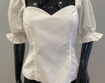 White Corset Style Blouse ASOS Cotton Eyelet | Puff Short Sleeve | UK12 EU40 US8