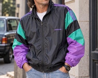 Vintage Adidas Windbreaker Jacket XL Men’s 80s 90s Black Purple Teal Color Block TrackJacket Retro Streetwear