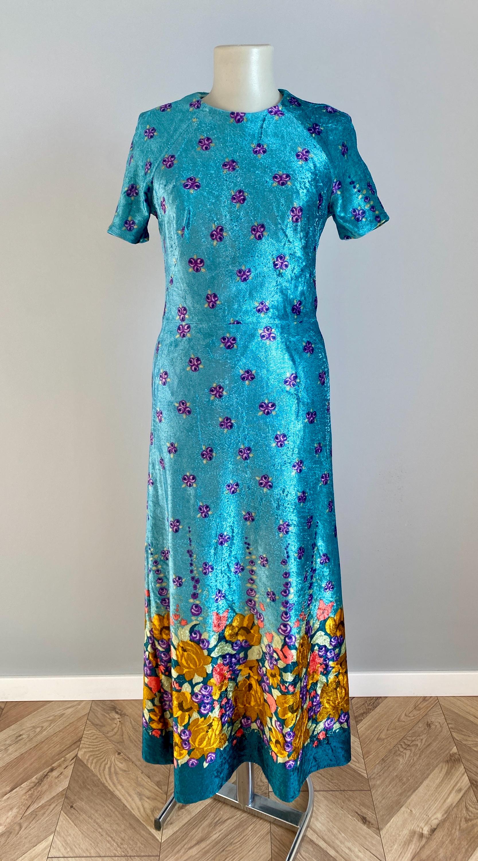Rare Vintage Vera Mont Paris Maxi Dress Turquoise Floral Fully
