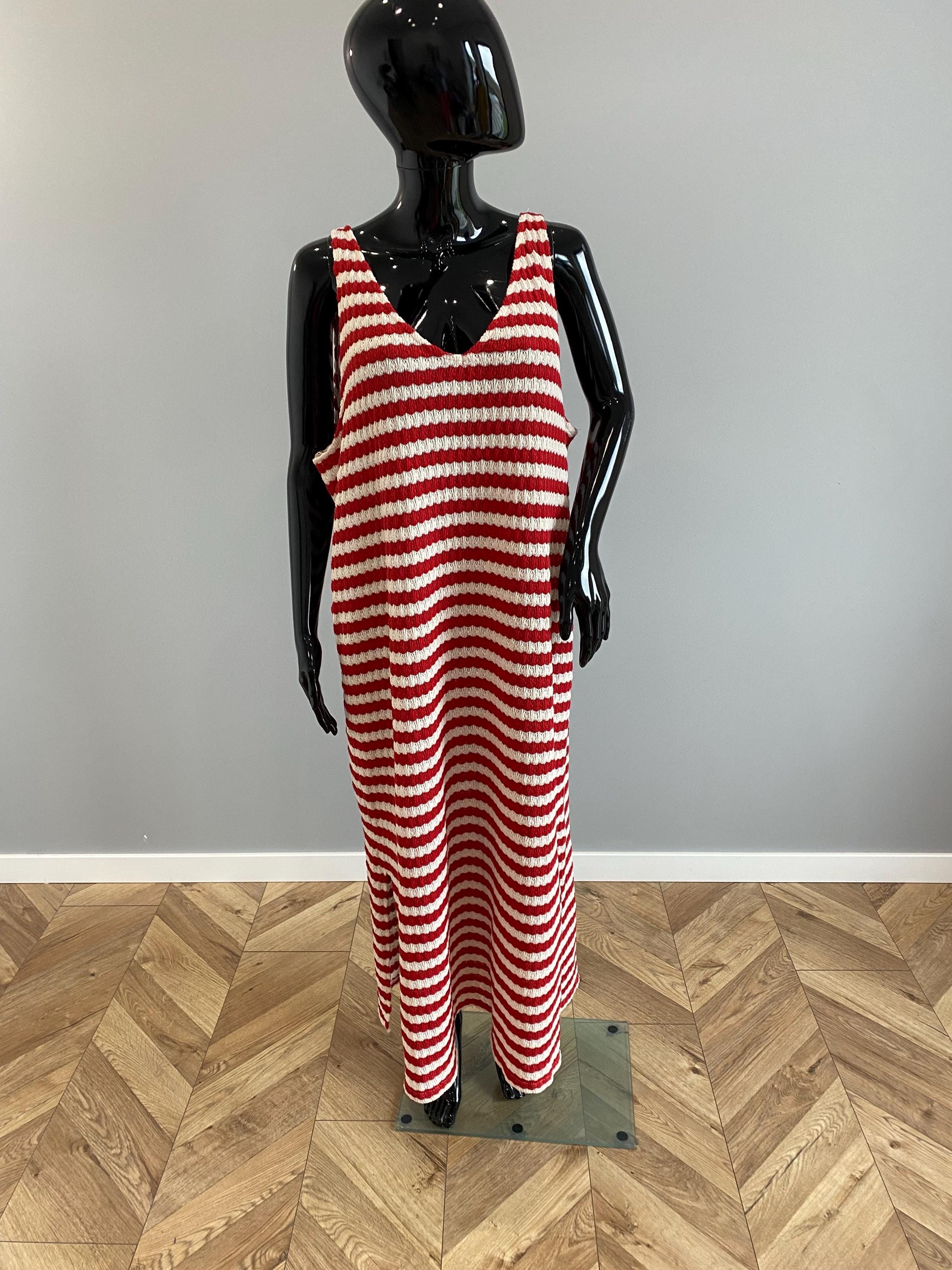 Red and White Striped Crochet Midi Dress, V-neck Sleeveless Knit Summer Dress, Bohemian Beach Cover-up Cotton Blend Tunic 2XL US20 Like New