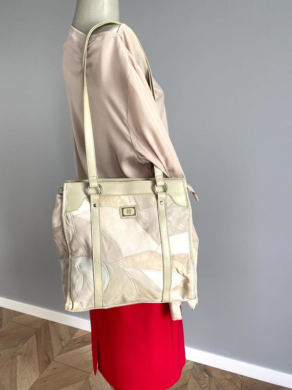 Beige Patchwork Tote Bag – Large Leather Style Sh… - image 5