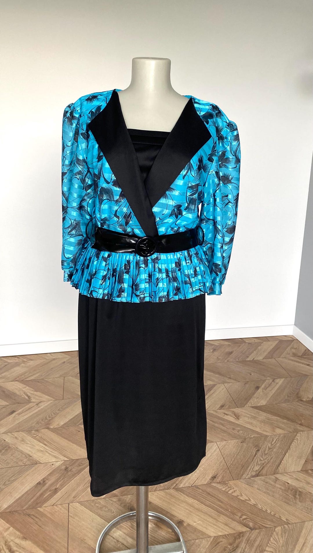 80s Faux Two-piece Dress: Turquoise & Black Peplum - US 10/EU 42