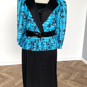 80s Faux Two-Piece Dress: Turquoise & Black Peplum - US 10/EU 42