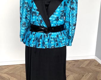 80s Faux Two-Piece Dress: Turquoise & Black Peplum - US 10/EU 42