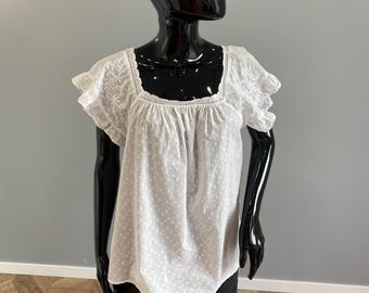 White Cotton Boho Blouse M&S India Polka Dot Embroidered Lace Top Square Neck Loose Fit Summer Peasant Blouse Size L EU46