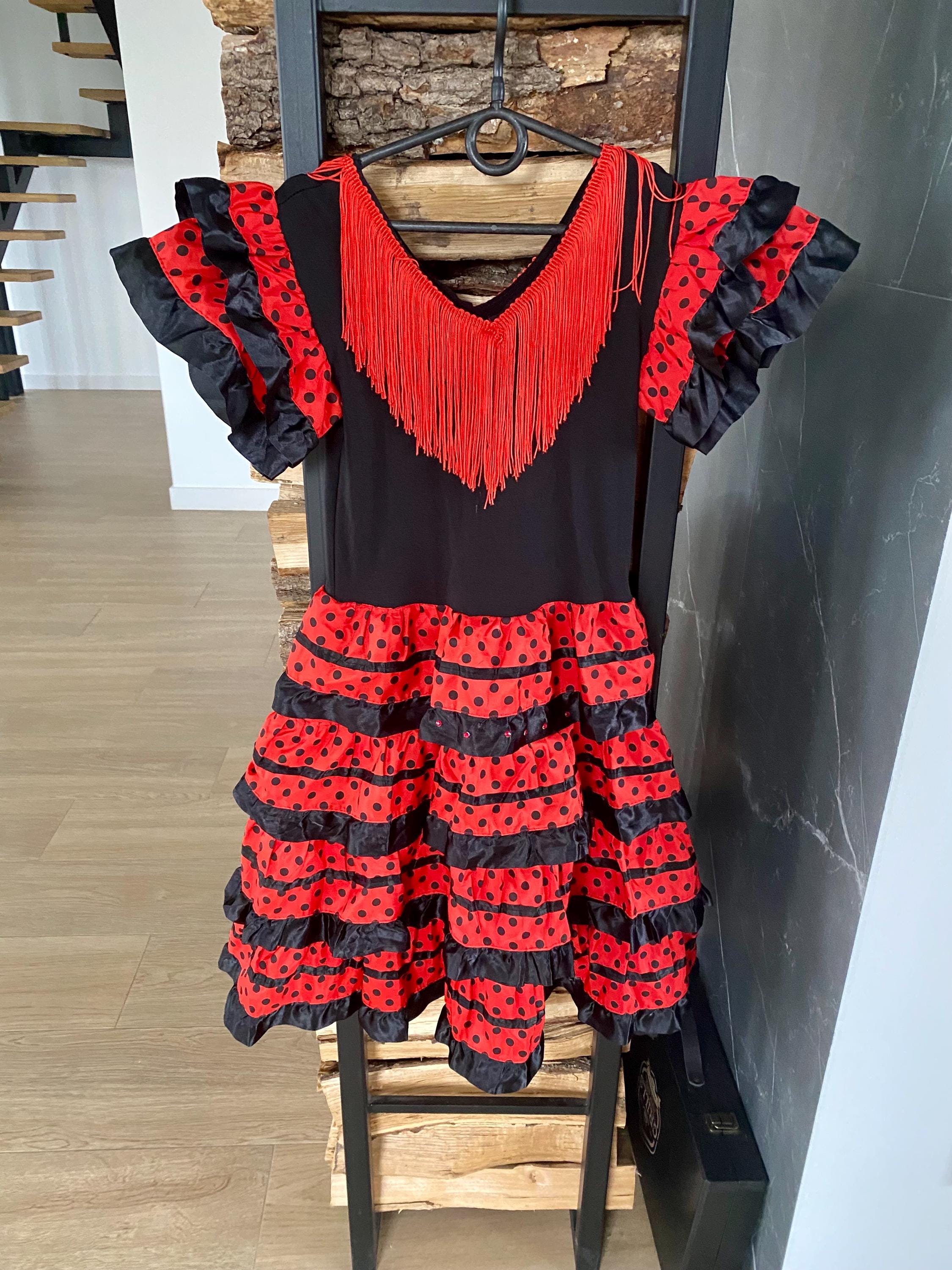 スペイン製フラメンコドレス 赤黒 水玉 フリル フラメンコ衣装】赤黒×水玉模様 ワンピース ドレス フリル フラメンコ