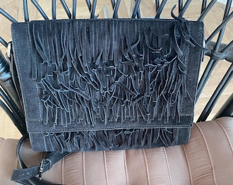 Black Suede Fringe Clutch: Boho Shoulder Bag, Made in India