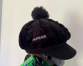 Black Plush Cap With Pom-pom | Embroidered #GIRLSPEAK | Cozy