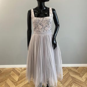 Vintage Little Mistress London Midi Dress Grey Pink Lace Tulle Dress A Line Formal Dress Wedding Guest Prom Dress UK14 EU42 US10