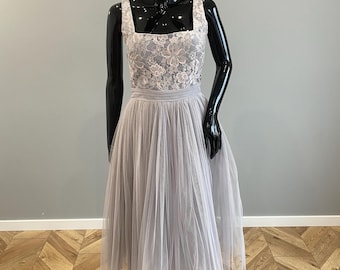 Vintage Little Mistress London Midi Dress Grey Pink Lace Tulle Dress A Line Formal Dress Wedding Guest Prom Dress UK14 EU42 US10