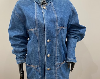 Vintage 90s Long Denim Jacket – Oversized, Stand Collar With