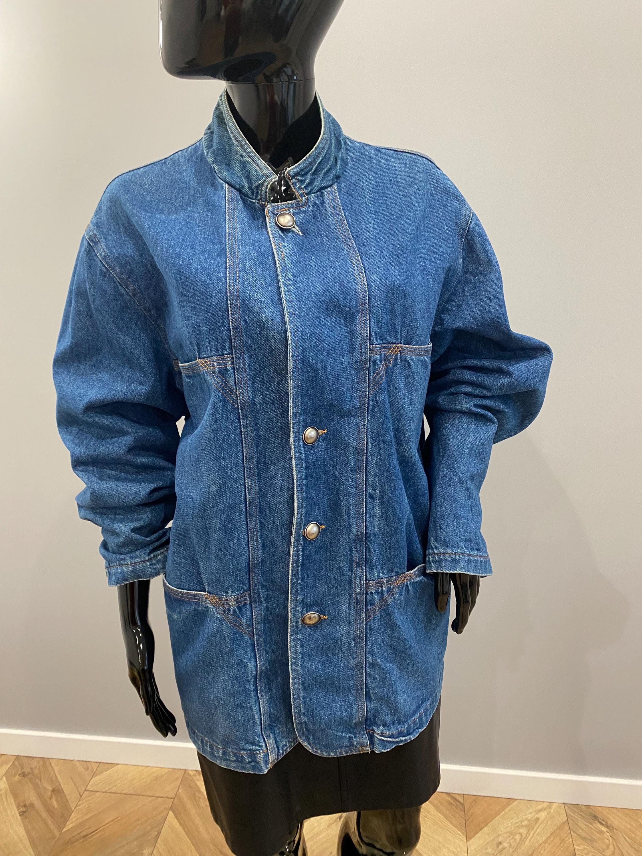 90's «Coat hanger » vintage デザイナーズ Vintage 90s Long Denim Jacket – Oversized, Stand Collar With
