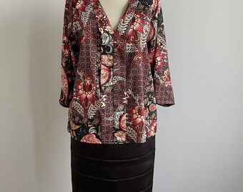 Vintage abstract blouse XL: boho-style shirt with a V-neck and long sleeves