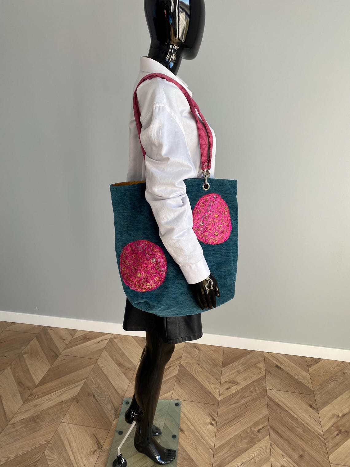 Vintage Womens Handmade Tote Bag Turquoise Pink Textile Shopper Clémentine F. à Paris French Artisan Large 45x39 cm, foto 4 di 5