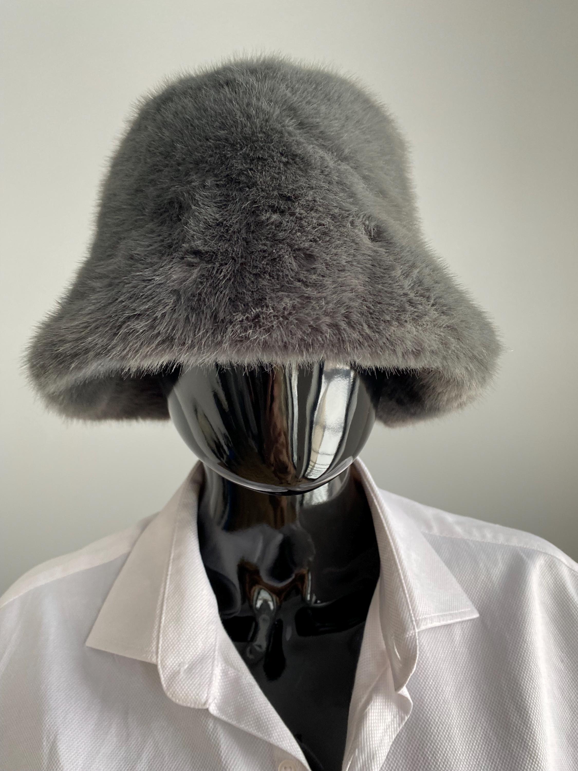 Grey Faux Mink Eco Fur Bucket Hat 58-59 Cm Winter Warm  display picture 2