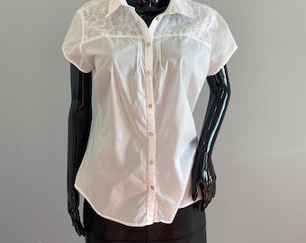 Blusa vintage estilo pradera, blanca, de algodón, con cuello en V, plisada, manga corta, talla L (EE. UU. 12, UE 42), fabricada en India.