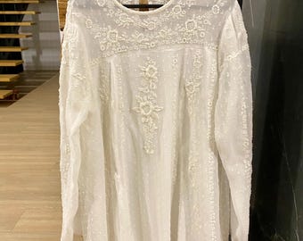Zara embroidered polka dot blouse, milky white long sleeve boho top, made in India, XS