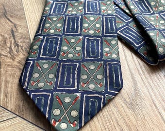 Vintage Berkertex Silk Golf Tie | 1990s Retro Necktie | Golf Theme Novelty Tie | Collectible Sport Tie | Gift for Him