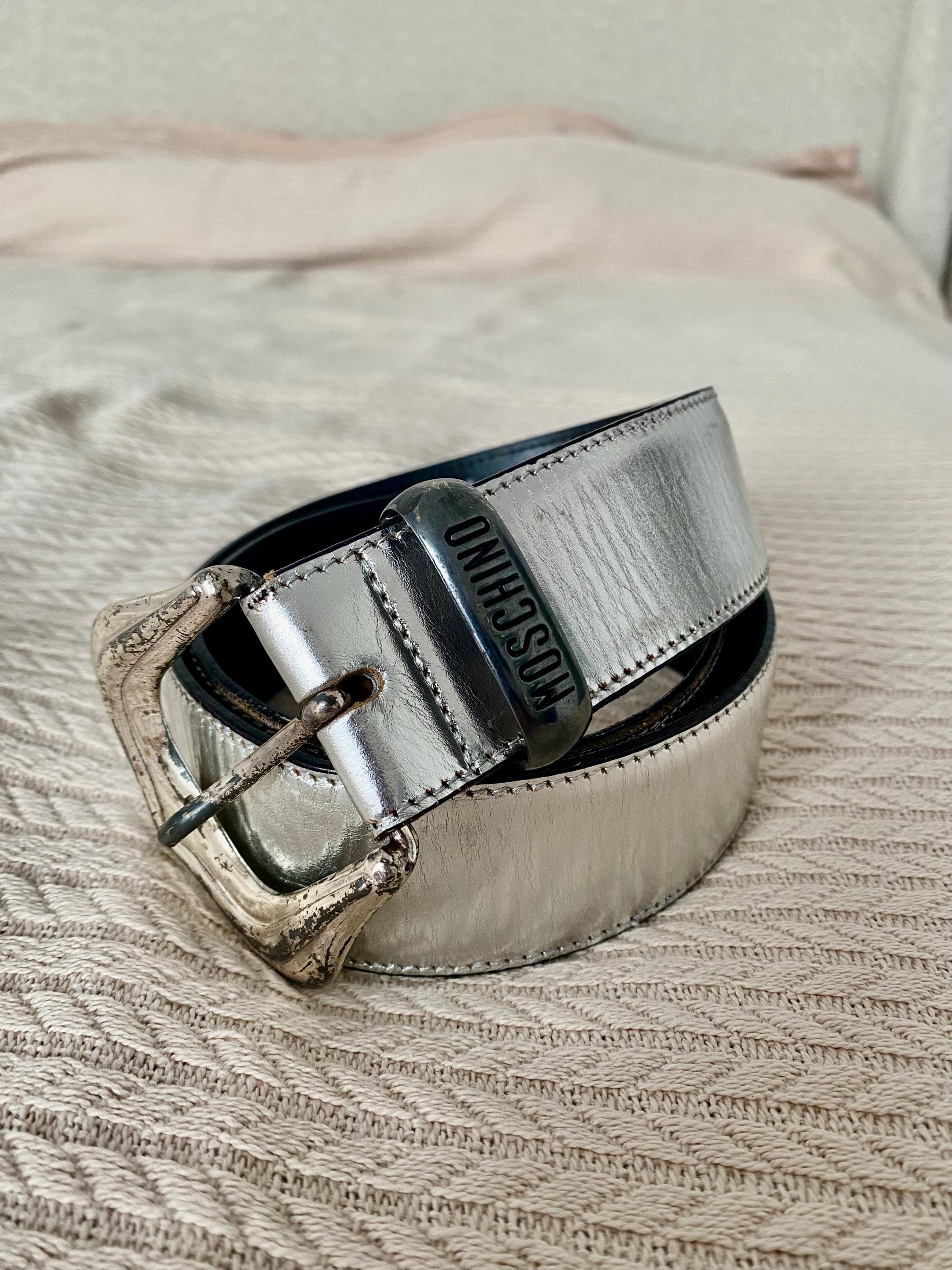 Moschino Vintage Black Leather Belt Silver Heart Buckle Made in Italy 40 Vintage MOSCHINO Italy Thin Designer Black Belt With Silver  main image 3