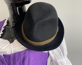Vintage Black Felt Alpine Hat Collins Salzburg Austria Traditional Bavarian Trachten Oktoberfest Hat Size 56 cm