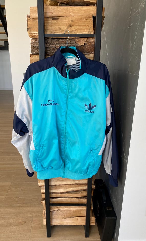 Vintage Adidas Track Jacket Teal & Navy – Zip up Retro 90s Style