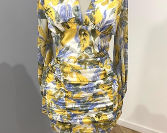 Liana Flower Ruched Mini Dress – Yellow Blue Floral Cotton Dress – Puff Sleeve V Neck Party Dress – Size S